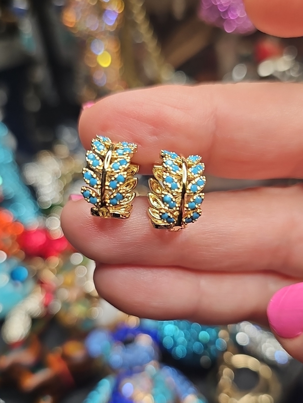 Gold Leaf Clip-On Earrings with Bright Turquoise Stones